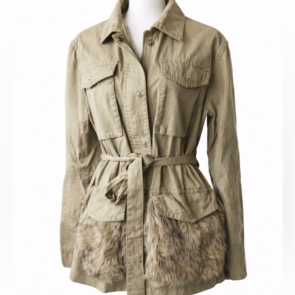 Anthropologie Utility Jacket Saskia Parka Olive Green Khaki Women S Faux Fur